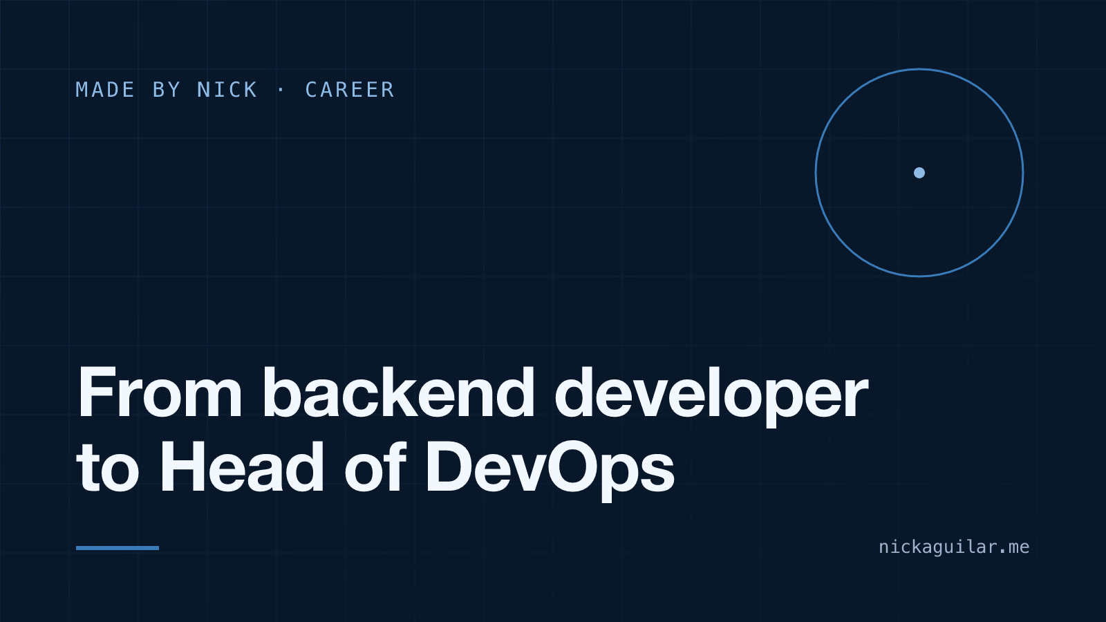 Cover with the title "From backend developer to Head of DevOps" in white on a dark blue grid, with a thin blue circle in the upper right.